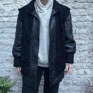 Vintage Black Astrakhan Leather Coat – Quilted Leather & Curly Lamb Trim